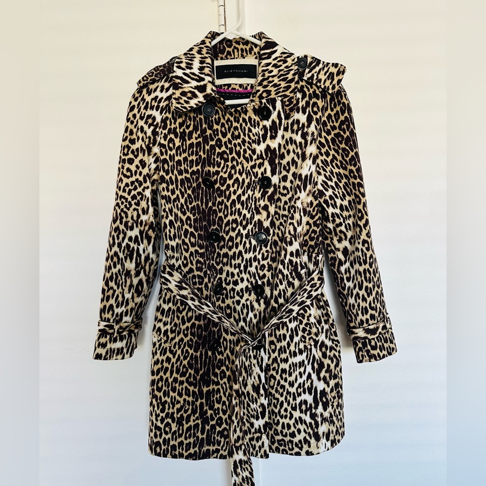 Elie TahariBelted Double-Breasted Leopard Print Trench Coat - Size 8
